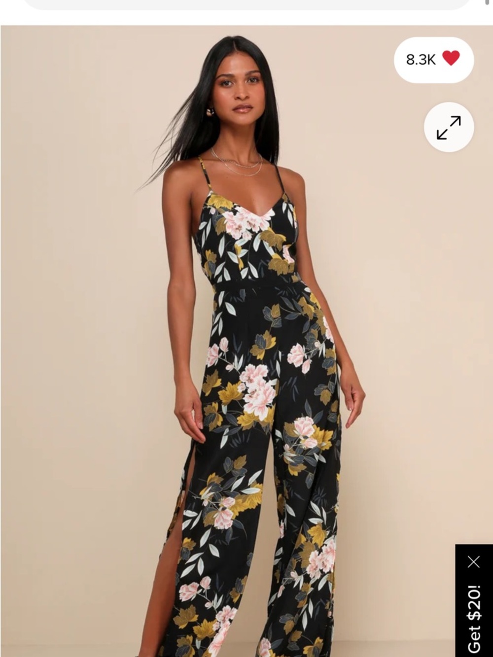 Lulu's Black Floral Spaghetti-Strap Jumpsuit with Pink & Gold Flowers
